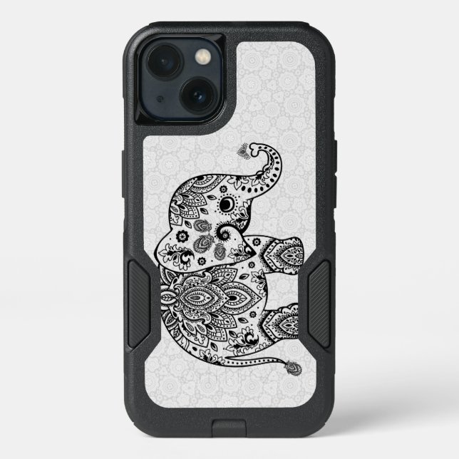 Floral Paisley Cute Black Elephant Illustration Otterbox iPhone Case (Back)