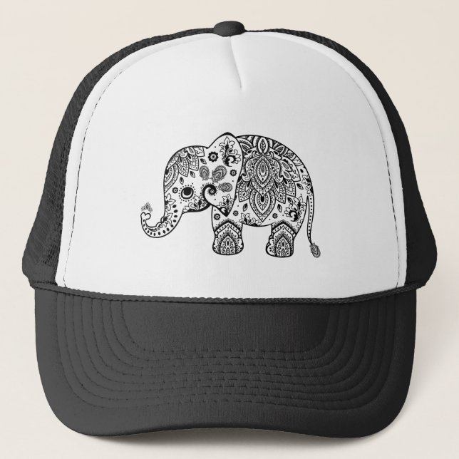 Floral Paisley Cute Elephant Illustration Trucker Hat (Front)