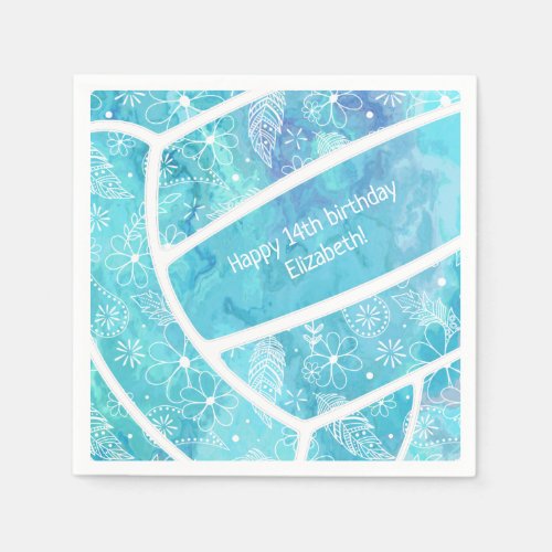 Floral paisley feather doodle turquoise volleyball napkins