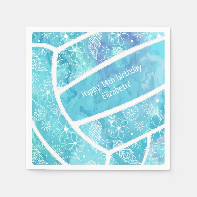 Floral paisley feather doodle turquoise volleyball napkins (Front)