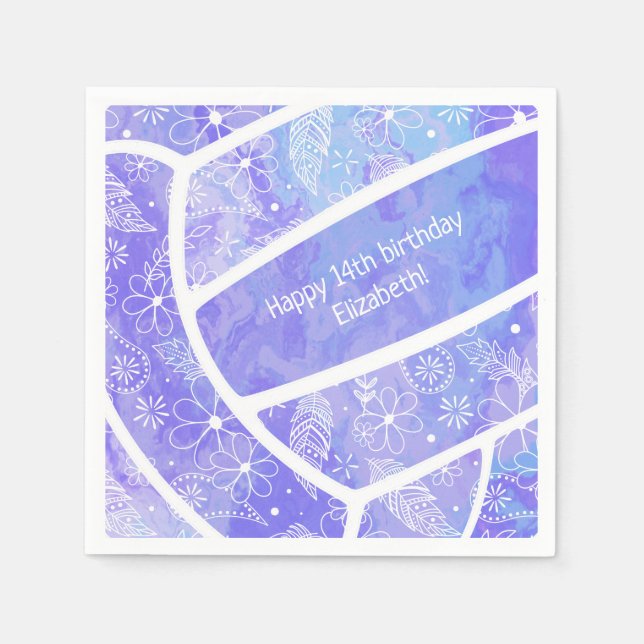 Floral paisley feather doodles purple volleyball napkins (Front)