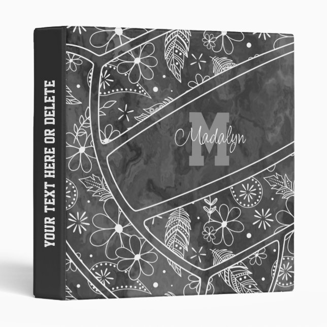floral paisley feather pattern charcoal volleyball 3 ring binder (Front/Spine)