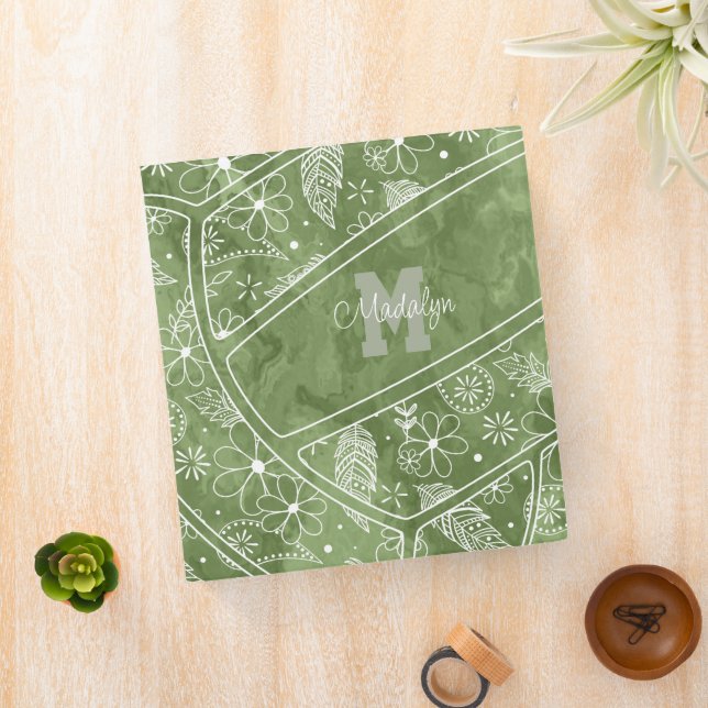 floral paisley feather pattern green volleyball 3 ring binder (In Situ)