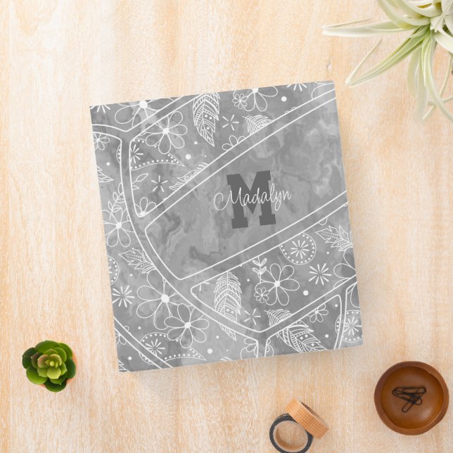 floral paisley feather pattern on gray volleyball 3 ring binder (In Situ)