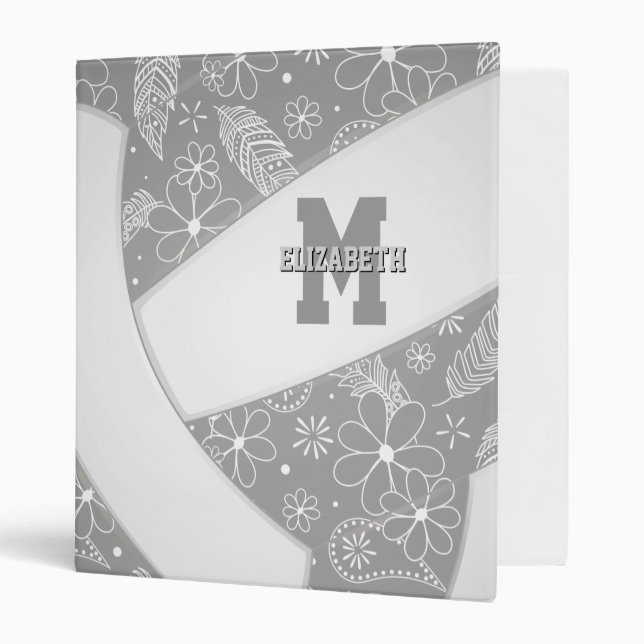 floral paisley feather pattern on gray volleyball 3 ring binder (Front/Inside)