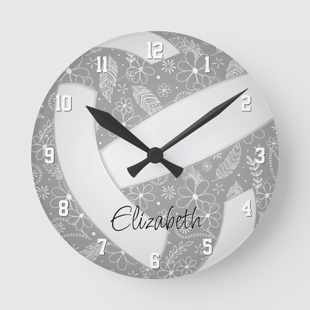 floral paisley feather pattern on gray volleyball wall clock