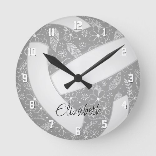 floral paisley feather pattern on gray volleyball round clock