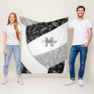 floral paisley feathers black gray volleyball fleece blanket