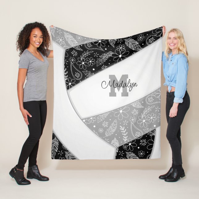 floral paisley feathers black gray volleyball fleece blanket (In Situ)
