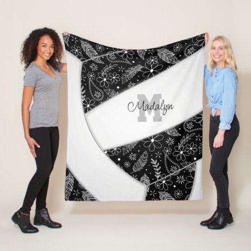floral paisley feathers black white volleyball fleece blanket