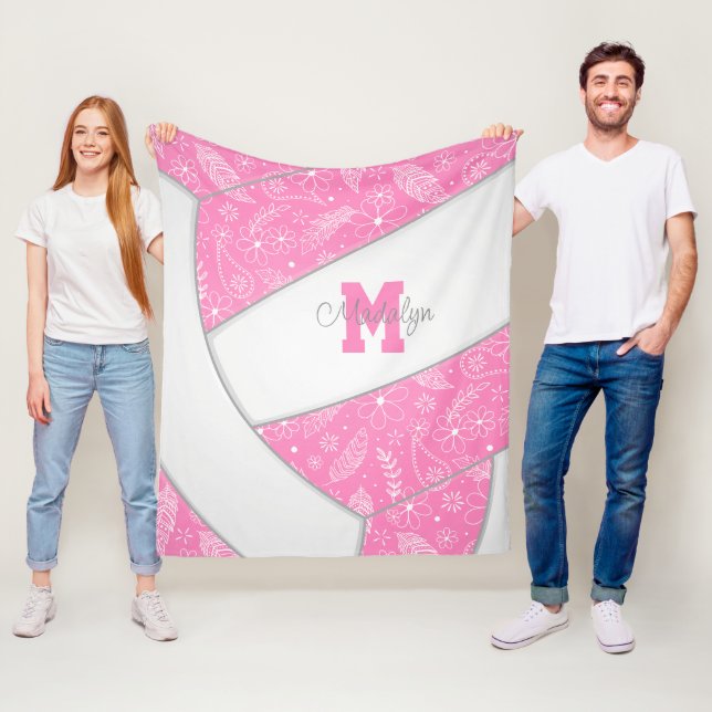 floral paisley feathers cute pink white volleyball fleece blanket (In Situ)