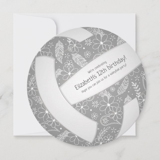 Floral paisley feathers doodles gray volleyball  announcement (Front)