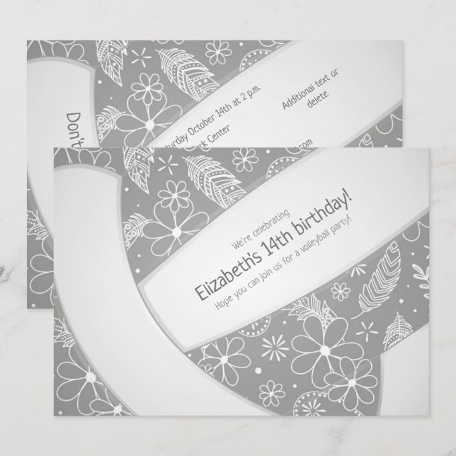 Floral paisley feathers doodles gray volleyball  invitation (Front/Back)