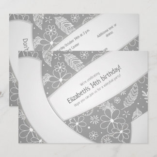 Floral paisley feathers doodles gray volleyball  invitation