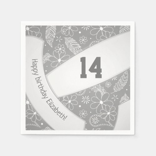 Floral paisley feathers doodles gray volleyball napkins