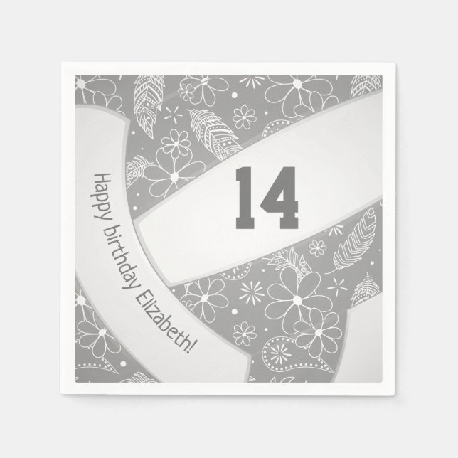 Floral paisley feathers doodles gray volleyball napkins (Front)