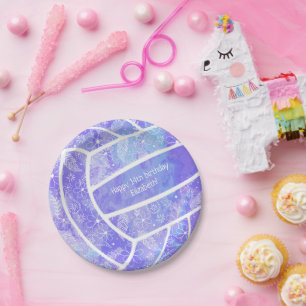 Floral paisley feathers doodles purple volleyball paper plates