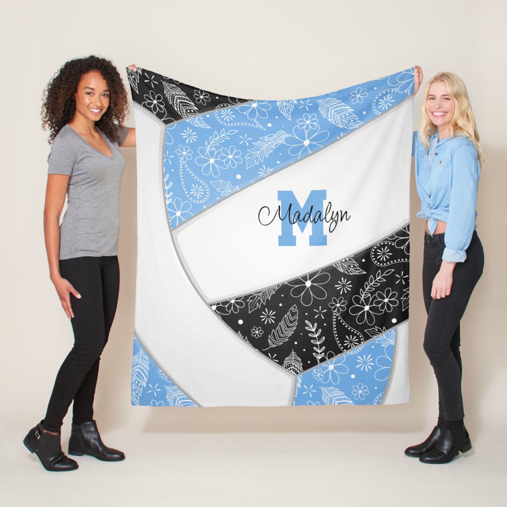 floral paisley feathers lt blue black volleyball  fleece blanket