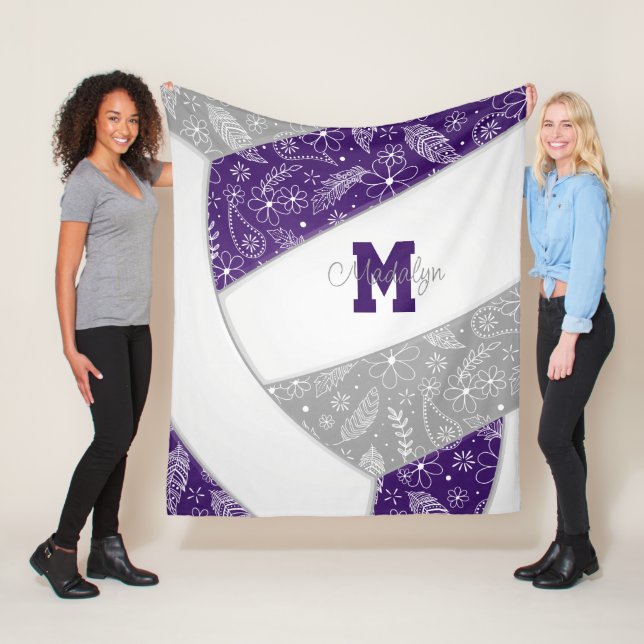 floral paisley feathers purple gray volleyball fleece blanket (In Situ)