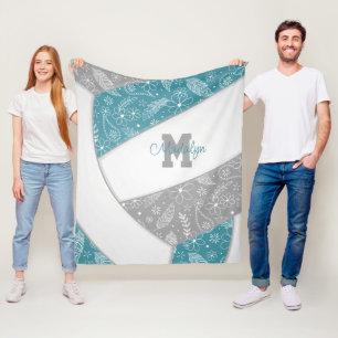 floral paisley feathers teal gray boho volleyball fleece blanket