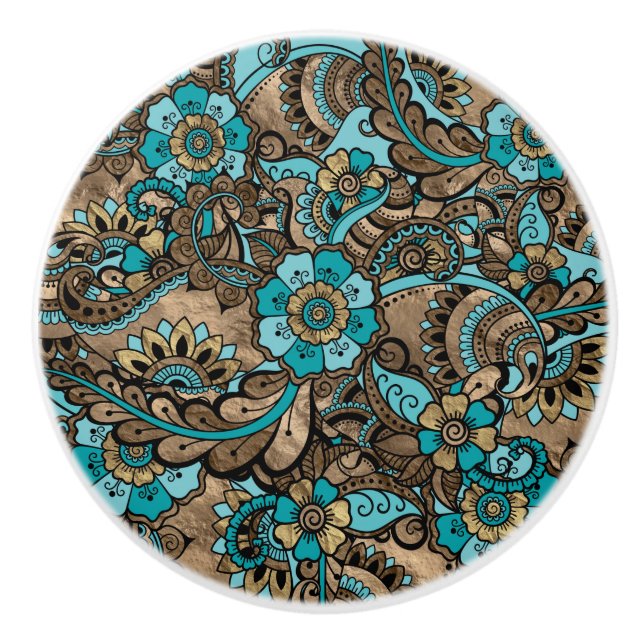 Floral Paisley Pattern - teal and golds Ceramic Knob (Front)