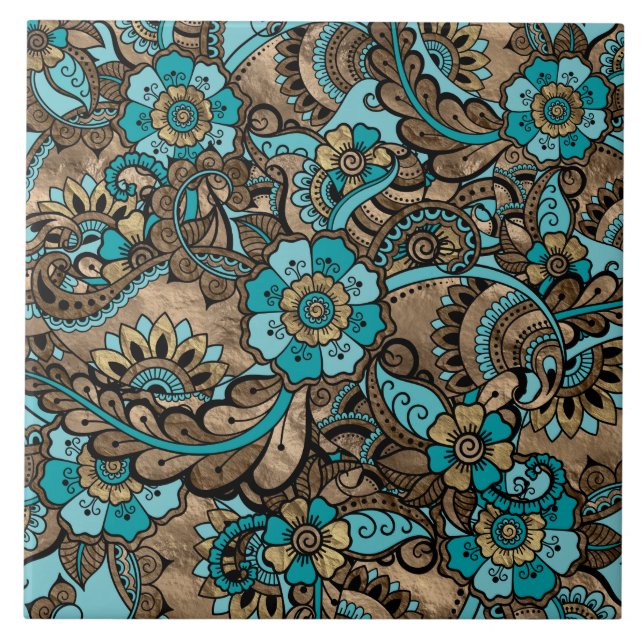 Floral Paisley Pattern - teal and golds Ceramic Tile (Front)