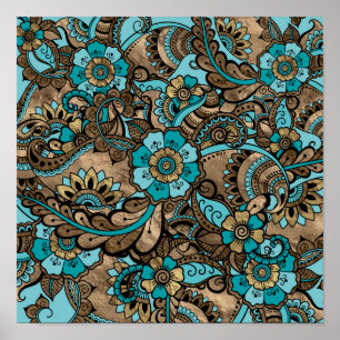 Floral Paisley Pattern - teal and golds Poster