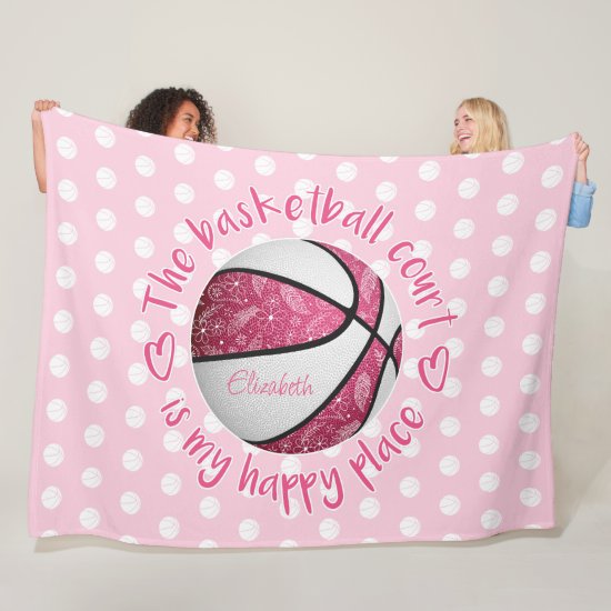 floral paisley pink basketball court happy place fleece blanket