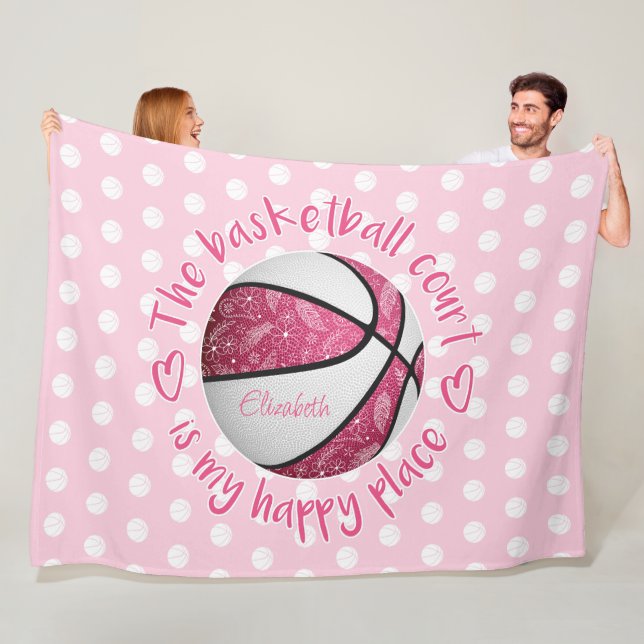 floral paisley pink basketball court happy place fleece blanket (In Situ)