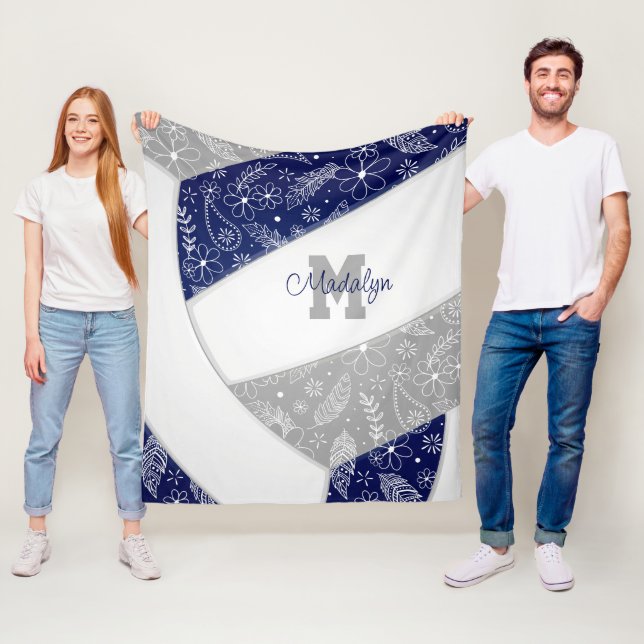 floral paisleys pattern navy blue gray volleyball fleece blanket (In Situ)