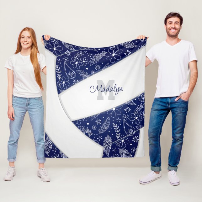 floral paisleys pattern navy blue white volleyball fleece blanket (In Situ)