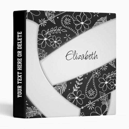 floral paislies feathers black white volleyball 3 ring binder