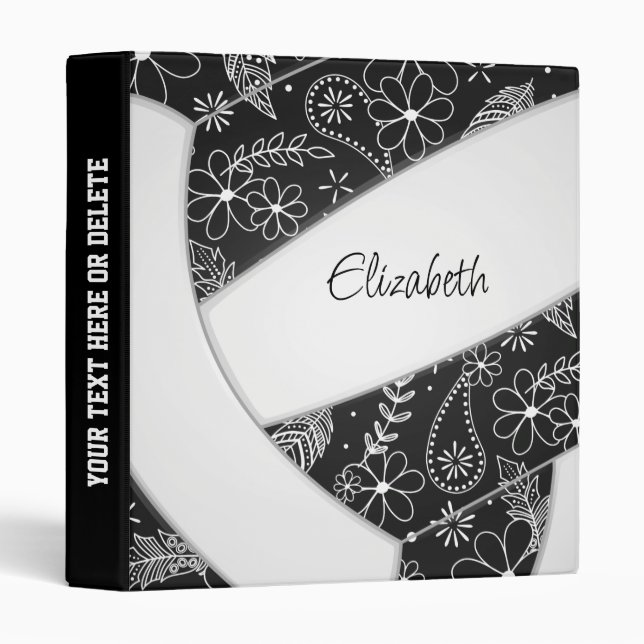 floral paislies feathers black white volleyball 3 ring binder (Front/Spine)