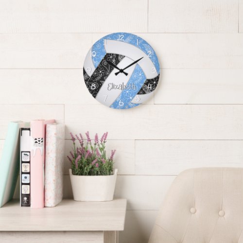 floral paislies feathers lt blue black volleyball large clock