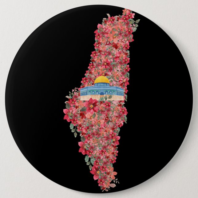 Floral Palestine map Dome of Rock al quads Gift  Button (Front)