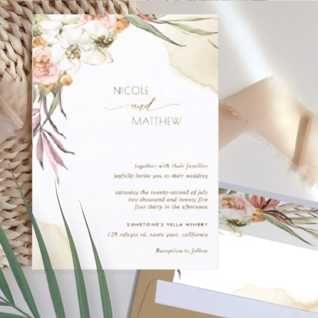 Floral Palm Leaves, Cream and Peach Wedding Invitation (Creator Uploaded)