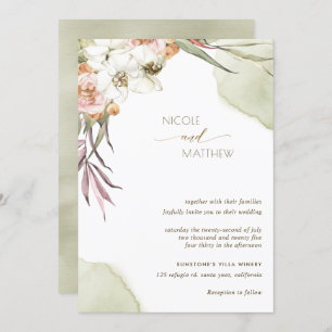 Floral Palm Leaves, Green and Peach Wedding Invitation