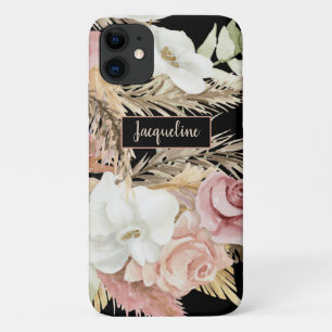 Floral Palm Pampas Grass Black Blush Greenery Name iPhone 11 Case