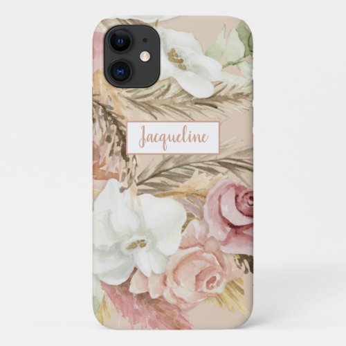 Floral Palm Pampas Grass Blush Flowers Greenery iPhone 11 Case