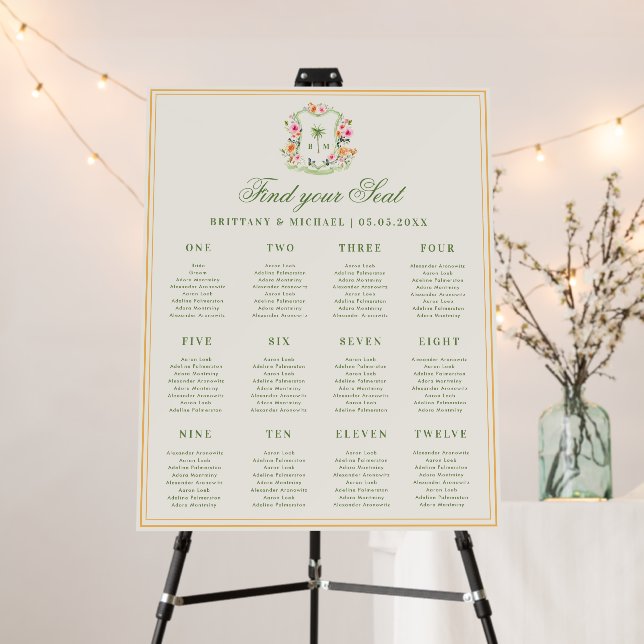 Floral Palm Tree Beach Wedding Seating Chart Sign (In Situ (Stand))
