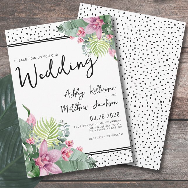 Floral Palm Tropical Wedding Invitation (Pink Green Floral Palm Watercolor Tropical Wedding Invitation)