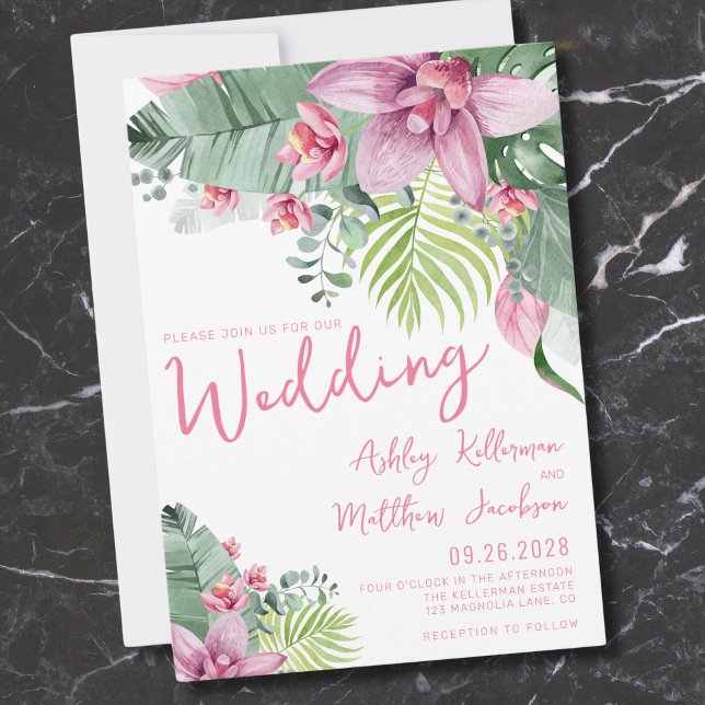 Floral Palm Tropical Wedding Invitation (Pink Green Floral Palm Leaves Tropical Wedding Invitation)