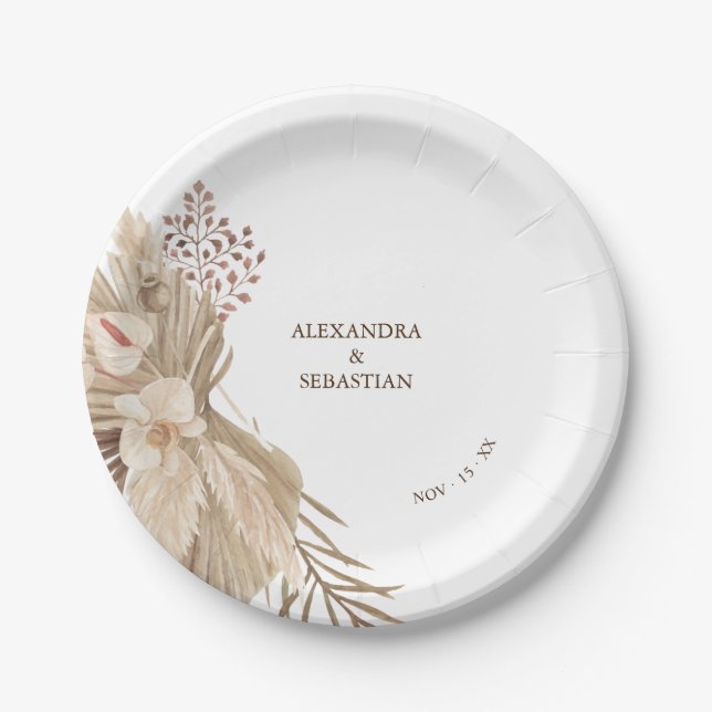 Floral Pampa Grass Wedding Paper Plate (Front)