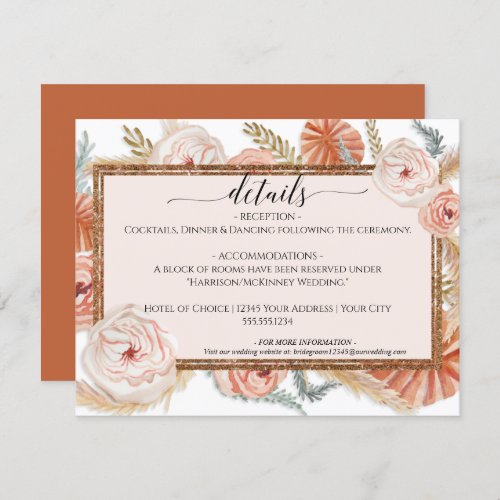 Floral Pampas Foliage Burnt Orange Wedding Details Invitation