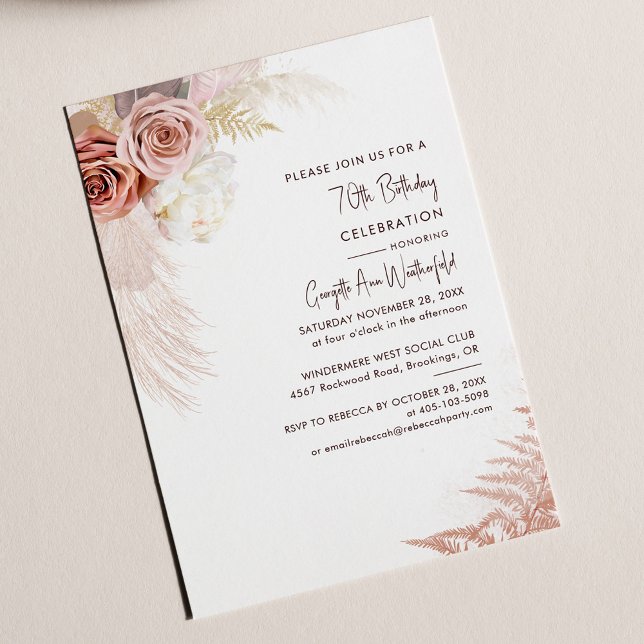 Floral Pampas Grass 70th Birthday Invitation (Pampas Grass Script 70th Birthday Party Invitation)