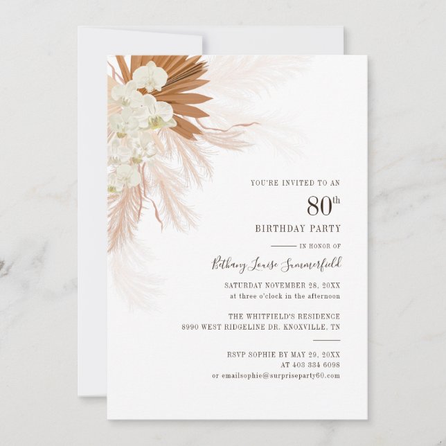 Floral Pampas Grass 80th Birthday Party Invitation (Front)