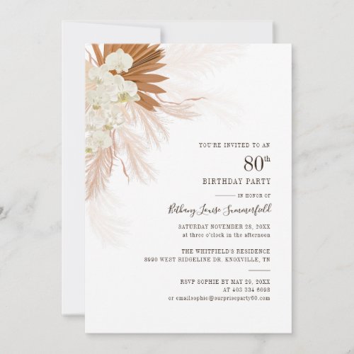 Floral Pampas Grass 80th Birthday Party Invitation