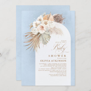 Floral Pampas Grass Boho Dusty Blue Baby Shower Invitation