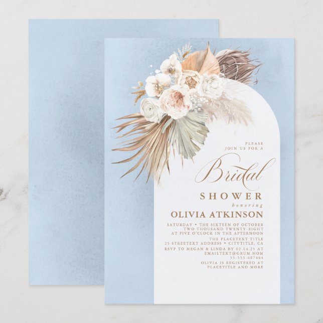 Floral Pampas Grass Boho Dusty Blue Bridal Shower Invitation (Front/Back)