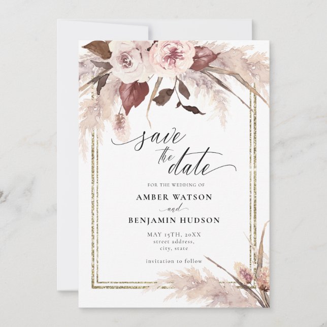 Floral Pampas Grass Boho Wedding Save The Date Invitation (Front)